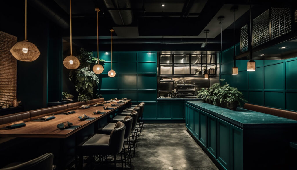 Une salle de restaurant avec une rangée de table